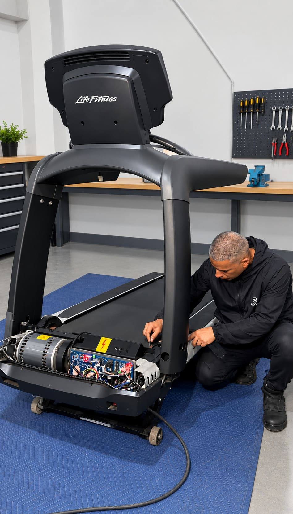 Técnico Revitta realizando manutenção em esteira Life Fitness